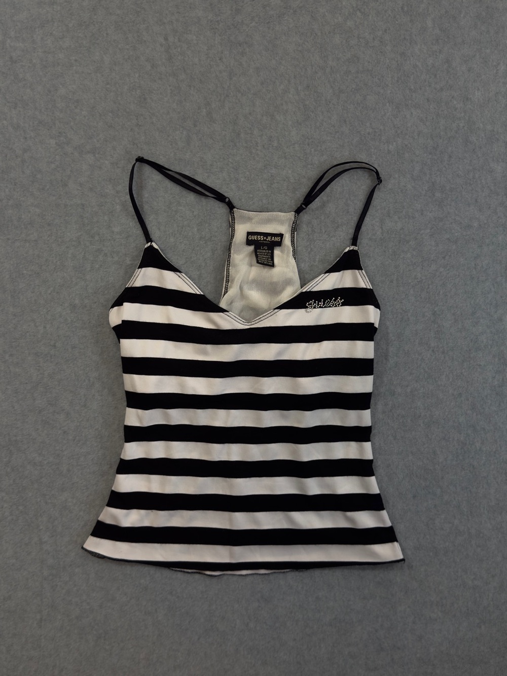 Vintage Y2K Guess Jeans Black & White Stripe Rhinestone Tank Top Size L
